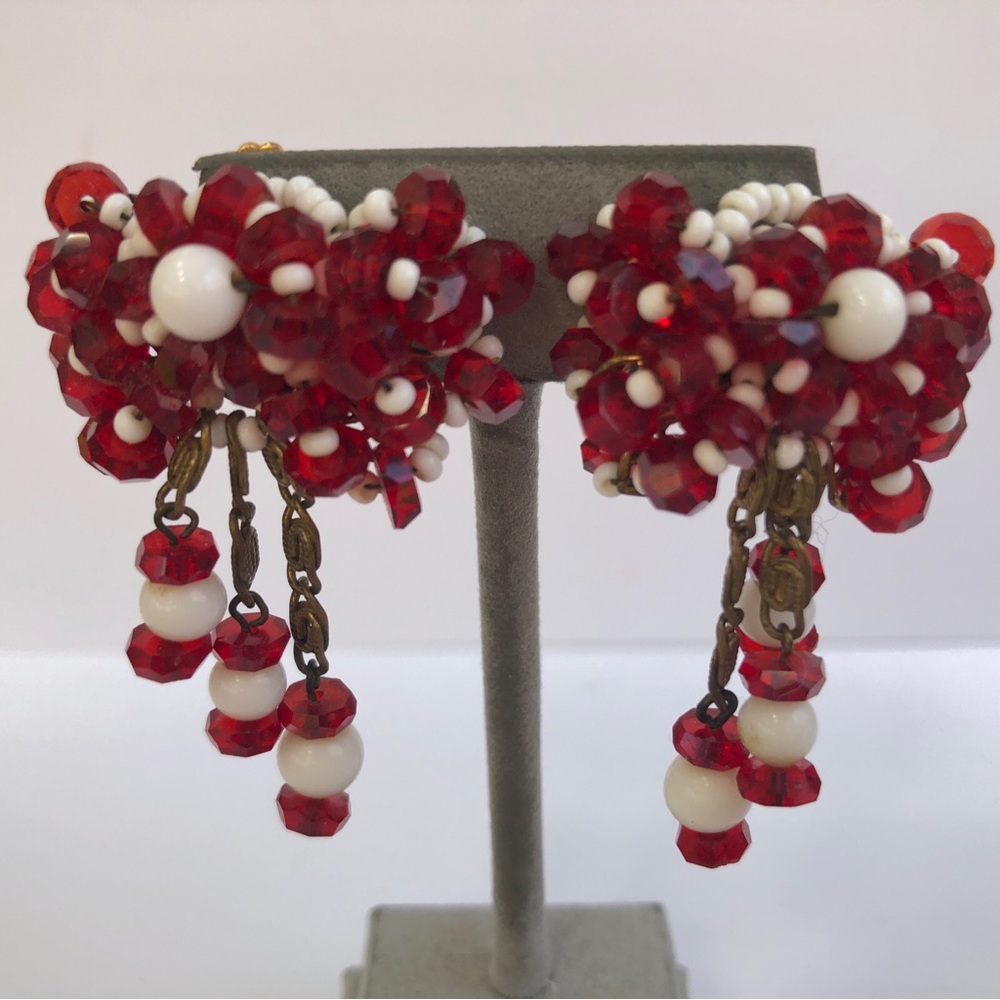 Vintage Miriam Haskell Unsigned Dangle Ruby Glass Earrings
